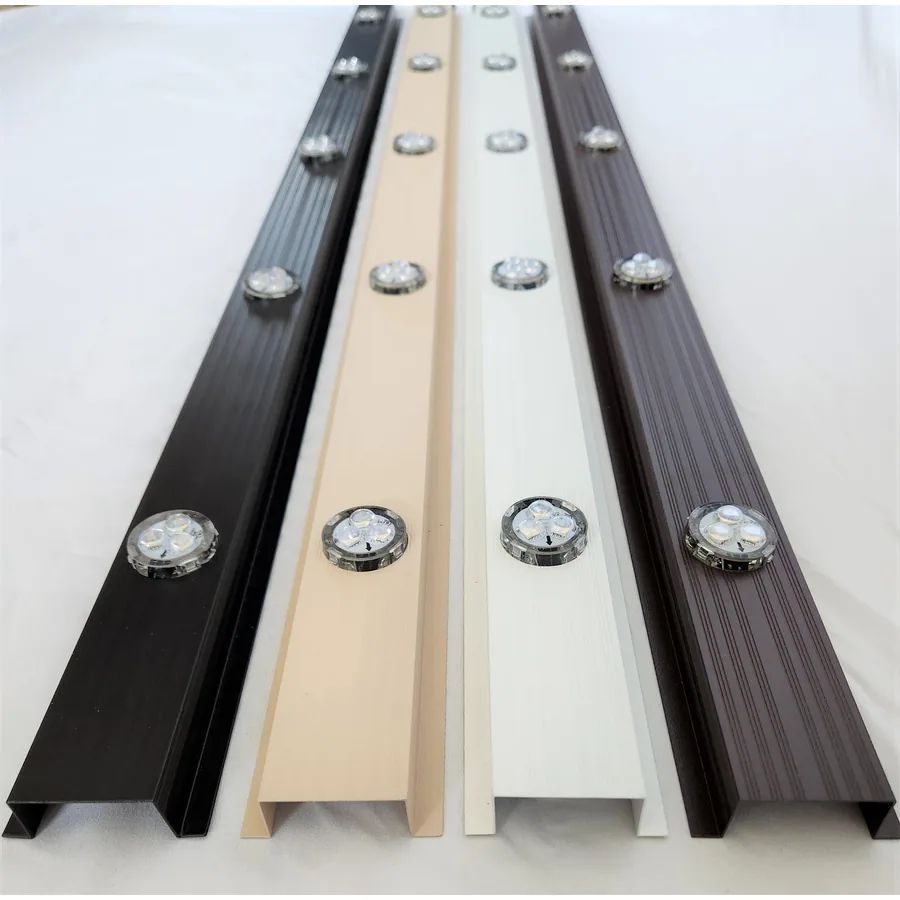 Aluminum permanent lighting track shown in black, beige, white and brown with RGBW puck lights fitted